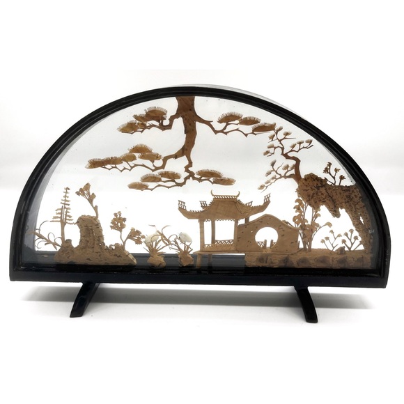 Vintage Chinese Cork Art Mini Diorama 3D Carved Scene Courting Cranes Lacquered - Picture 8 of 8